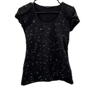 Armani Exchange Black & Cream Paint Splatter Fringe Shoulder‎ Short Sleeve Shirt